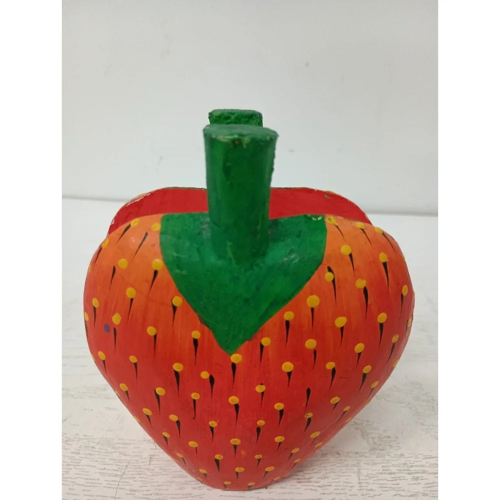 Vintage Hand Carved Wood Strawberry Napkin Holder Whimsical Primitive Country